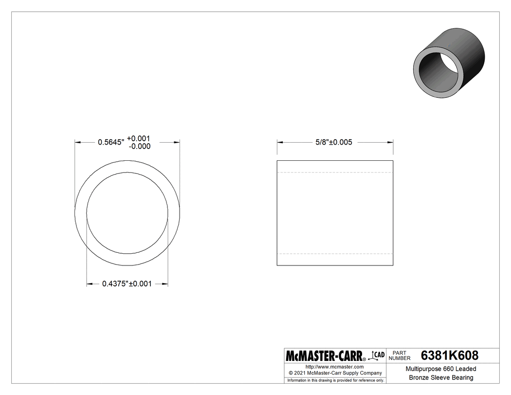 Technical Drawing of High-Strength 932 Bearing Bronze Sleeve Bearing, for 7/16" Shaft Diameter and 9/16" Housing ID, 5/8" Long.